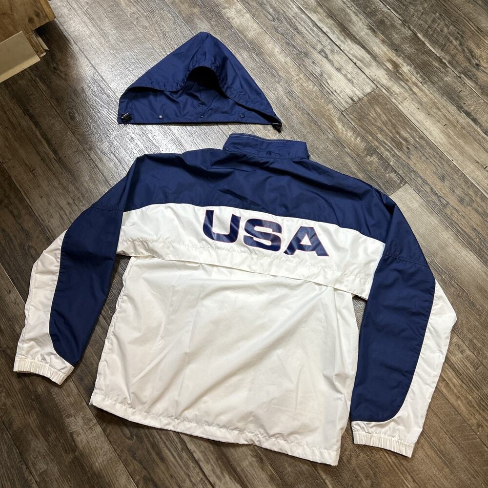 Vintage Nike Jacket Mens M Blue White 90s Swoosh Big USA Logo Windbreaker